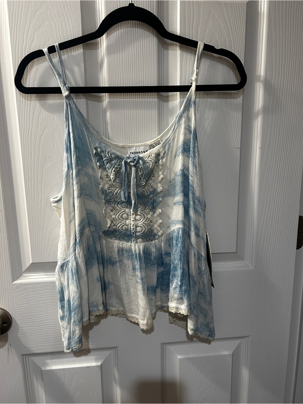 raya sun Blue and White Tie-Dye Lace-Front Tank